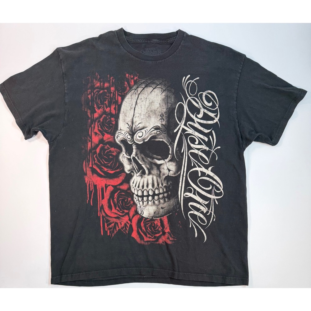 Dyse One Mens 2XL Black Sugar Skull Roses Graphic T-Shirt Chicano Streetwear Tee